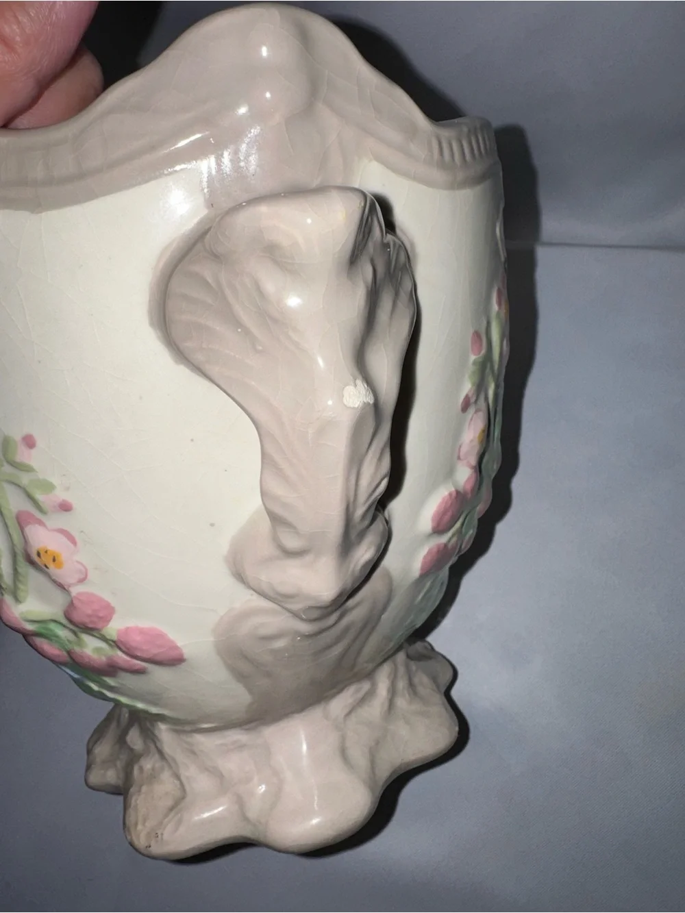 Vintage Large Hand-Painted Bird Planter Crackle Vase Blue Bird & Flowers